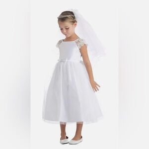 SWEET KIDS WHITE SATIN LACE PEARL/CRYSTAL BROOCH FLOWER GIRL DRESS
